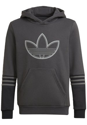 Mørkegrå hættetrøje med stor Adidas trefoil-logo på brystet, kængurulomme og sorte ærmer med tre grå striber.
