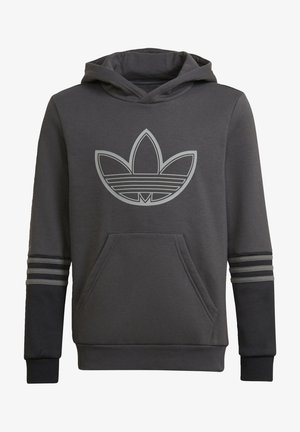 Ciemnoszara bluza z kapturem z dużym logo Adidas trefoil na piersi, kieszenią typu kangurka oraz czarnymi rękawami z trzema szarymi paskami.