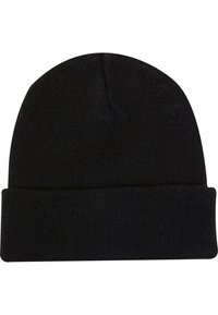 Schwarze Beanie-Mütze aus Strickstoff, mit umgeschlagenem Saum und glatter Textur, mit einer runden Oberseite und ohne sichtbare Logos oder Muster.