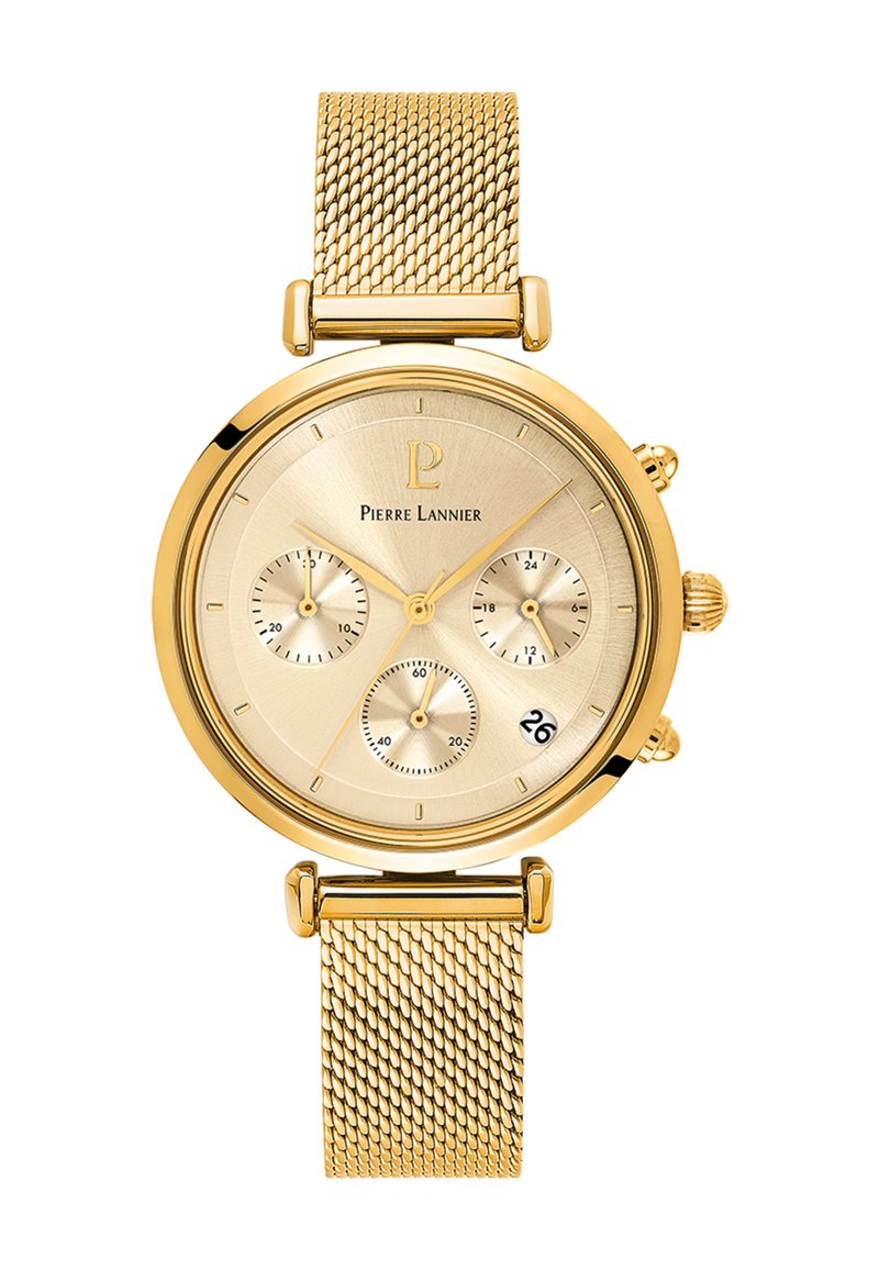 Orologio con bracciale in rete metallica dorata, cassa rotonda dorata, quadrante dorato testurizzato, tre sottodial e visualizzazione della data. Presenta dettagli lucidi.