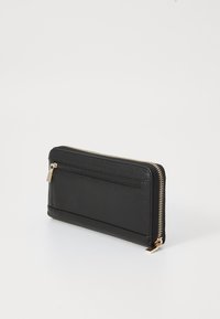 Black leather wallet with a textured surface, zip closure, and a front pocket. Gold-tone hardware accentuates the design.
