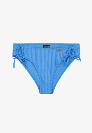 Blaue Bikinihose aus geripptem Material, mit seitlichen Bindebändern und körperbetonter Passform. Enthält ein kleines Logotag auf der Vorderseite.