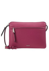 Clutch bag in pelle texturizzata viola con tasca frontale con zip, tracolla regolabile e accessori in argento con il nome del marchio "Parfois."