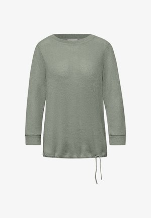 Hellgrüner, langärmeliger Strickpullover mit Rundhalsausschnitt und verstellbarem Tunnelzugsaum.