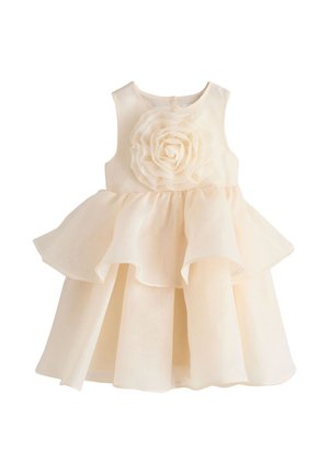 Ärmelloses kleinkindliches Kleid in Cremefarbe mit geschichtetem Volantrock und großem Stoffblumendetail auf der Brust.