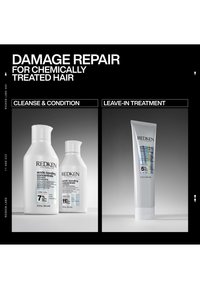Flaconi di shampoo e balsamo Redken Acidic Bonding Concentrate a sinistra; tubo di trattamento leave-in a destra, etichettato per la riparazione dei capelli trattati chimicamente.