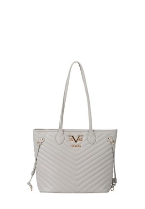 Lichtgrijze gewatteerde leren totebag met dubbele handvatten, zijstriktjes en gouden "V"-logo met "DBS Italia"-branding.