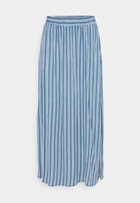 Jupe rayée bleue avec des rayures blanches verticales, taille élastique, coupe fluide et fentes latérales pour faciliter les mouvements.