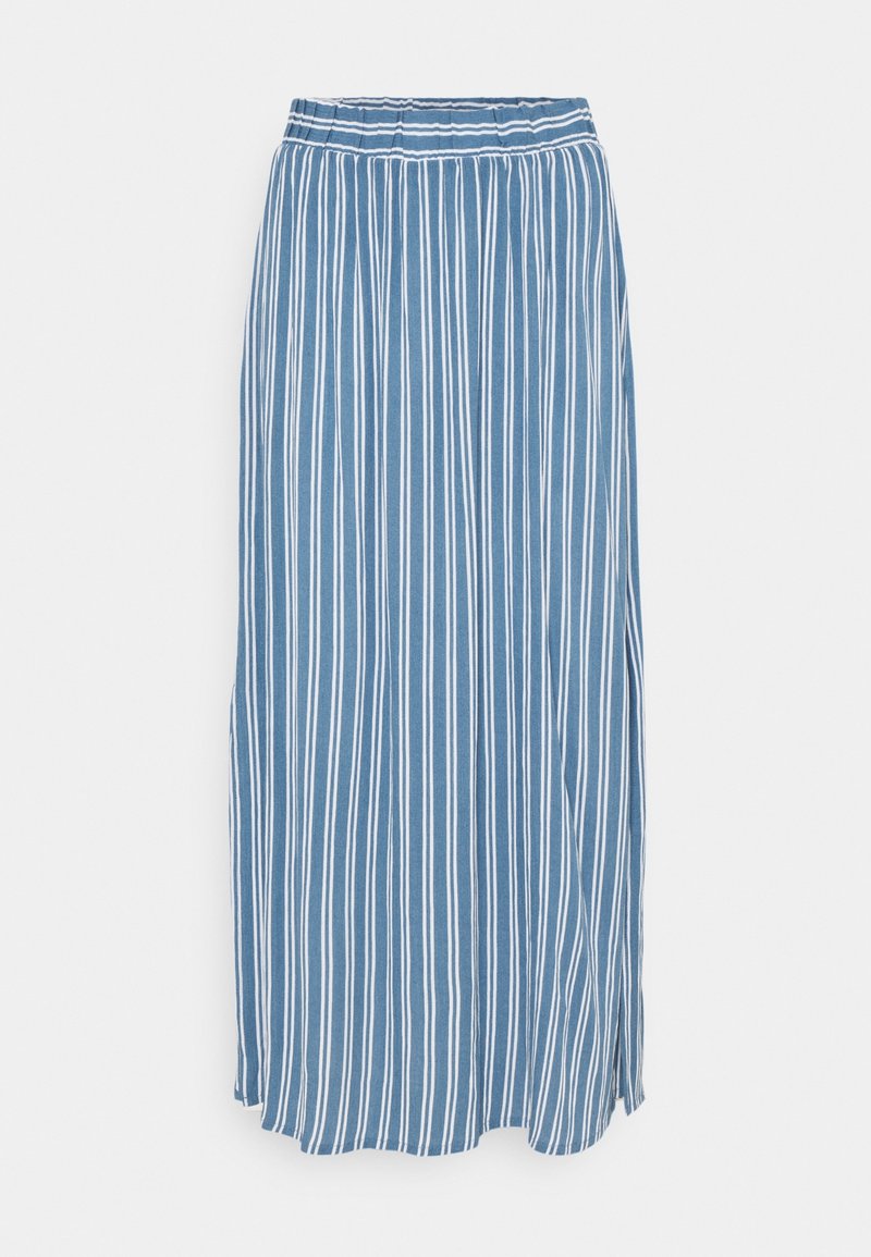 Jupe rayée bleue avec des rayures blanches verticales, taille élastique, coupe fluide et fentes latérales pour faciliter les mouvements.