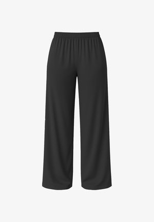 Mustat, leveälahkeiset housut, joissa on joustava vyötärö, valmistettu sileästä ja kevyestä kankaasta, ilman näkyviä taskuja tai koristeita.