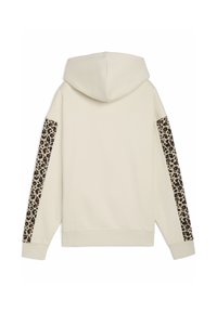 Hoodie couleur crème présentant une vue arrière avec des accents de motif animal sur les manches, fabriqué en tissu doux avec une coupe standard.