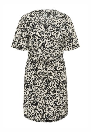Schwarz-weißes Blumenkleid mit kurzen Ärmeln, V-Ausschnitt und einer Bindegürtel. Hergestellt aus leichtem Stoff, mit lockerer Passform und knielangem Saum.