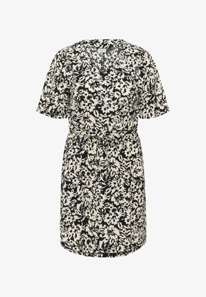 Sorte og hvide blomsterkjole med korte ærmer, V-hals og taljebånd. Fremstillet af letvægtsstof, har en afslappet pasform og knælængde.