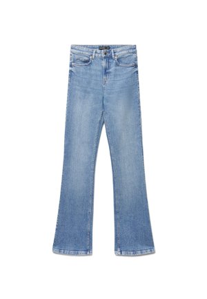 Jeans in denim azzurro chiaro con vita alta, bottone frontale, chiusura con zip e gambe larghe e dritte.