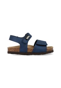 Sandalias azules con suela de corcho, que cuentan con correas ajustables y una pieza de dedo texturada. Cierre de velcro y suela exterior de goma negra en contraste.