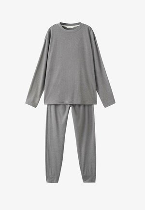 Grauer langärmeliger Oberteil mit Rundhalsausschnitt und passenden grauen Hosen. Weicher Stoff, lockere Passform, mit schmal zulaufenden Bündchen an den Knöcheln und Ärmeln.