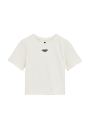 Trumpas rankovėmis, apvaliu kaklu marškinėliai off-white spalvos medvilnės mišinyje, su juodu "COLLEGE CLUB" grafiniu piešiniu viduryje krūtinės. Lygi tekstūra.