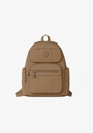 Brown fabric backpack with a rounded top, multiple front pockets, and zipper closures. Features padded back straps and a logo patch.