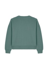 Türkisfarbener, kurzer Sweatshirt mit Rundhalsausschnitt, überschnittenen Schultern und gerippten Bündchen mit einer glatten Textur. Rückansicht dargestellt.