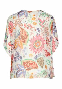 Blusa blanca suelta con patrones florales y de hojas en colores rosa, naranja, verde, azul y púrpura.