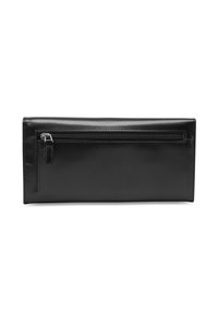 Black leather wallet with a smooth texture, rectangular shape, and a zippered pocket on the back. Minimalist design with tonal stitching.