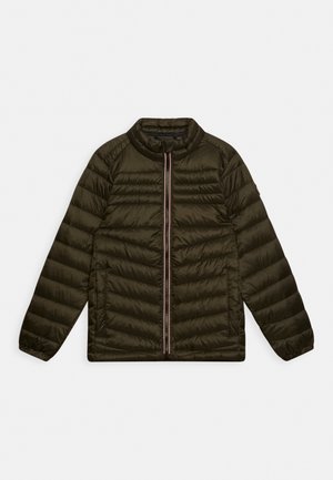 Giacca trapuntata leggera verde scuro con maniche lunghe e zip frontale, distesa su sfondo bianco.