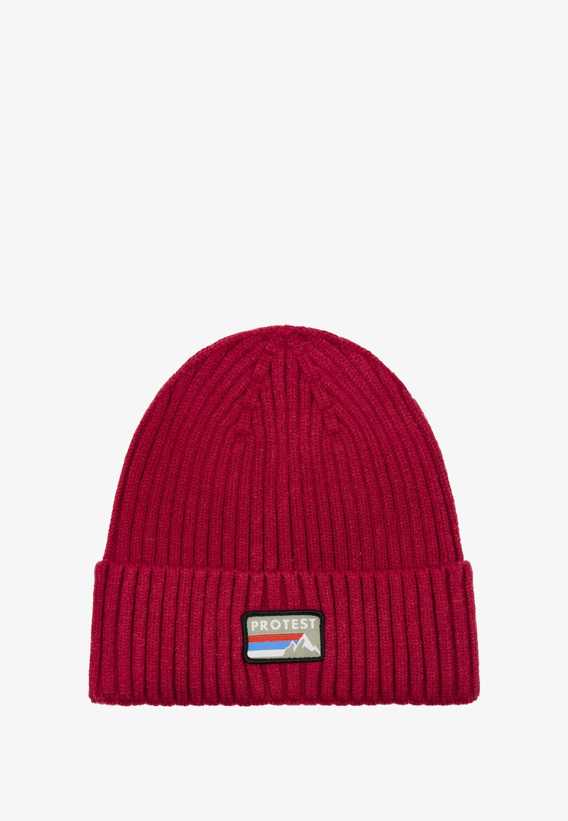 Punainen ribbiknitti-pipo pehmeästä materiaalista, jossa on taitettu reunus sekä suorakulmainen logo-patch, jossa on vuoristomuoto ja raitoja.