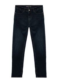 Jeans de denim azul oscuro con corte recto, que cuentan con cinco bolsillos, un cierre frontal de botón y cremallera, y detalles sutiles de desgaste.