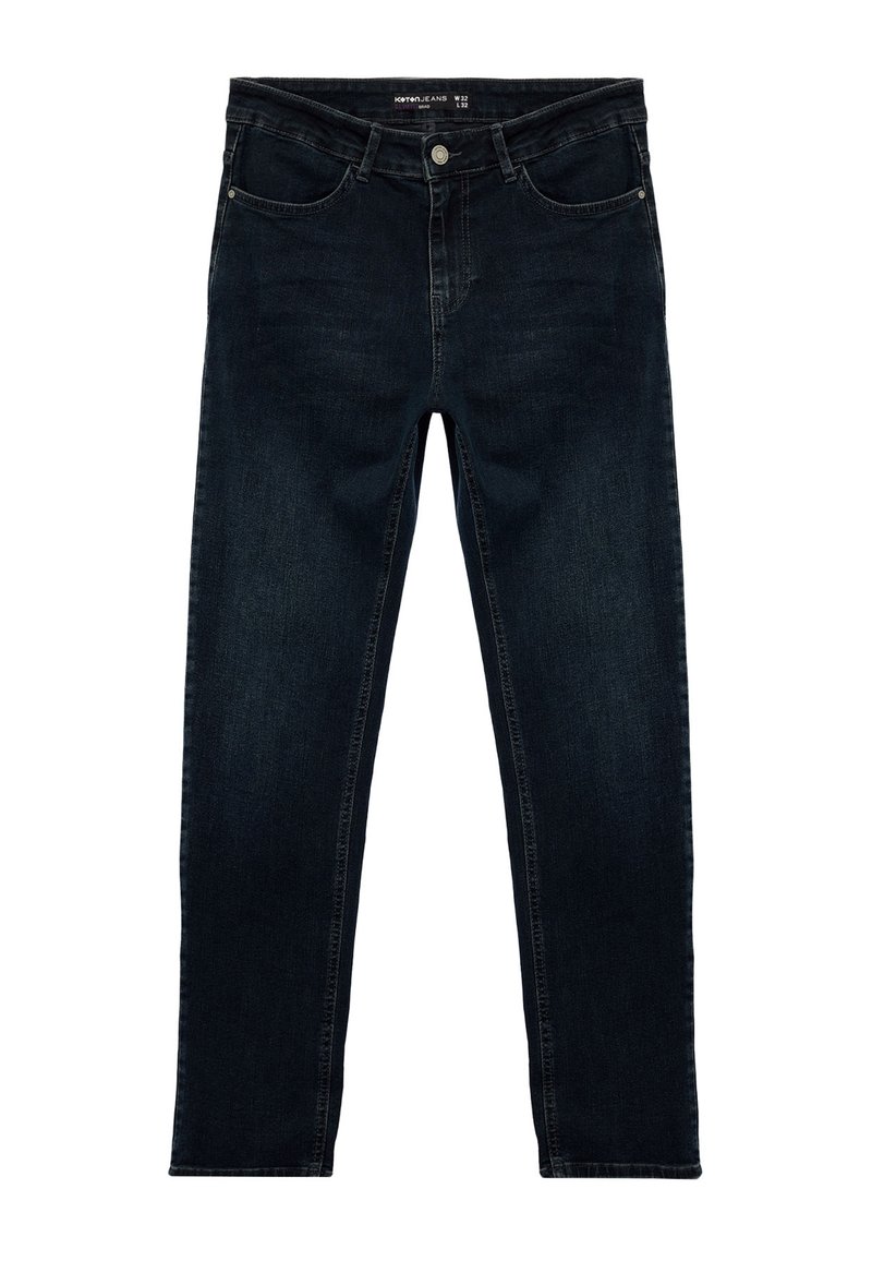 Jeans de denim azul oscuro con corte recto, que cuentan con cinco bolsillos, un cierre frontal de botón y cremallera, y detalles sutiles de desgaste.
