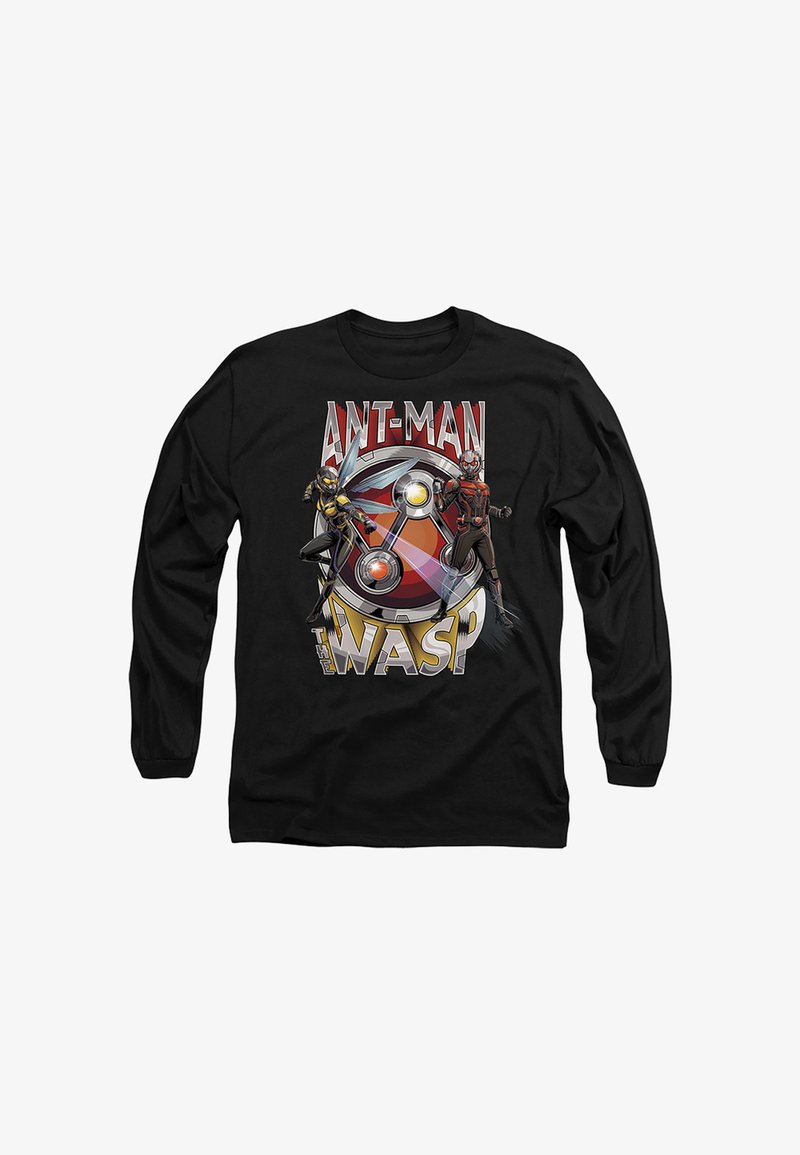 Black long-sleeve shirt with Ant-Man and The Wasp characters and logo in red, yellow, and white colors on the front.