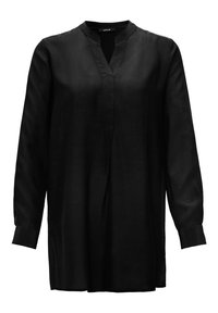 Tunique noire à manches longues avec une fente en V au col et des manches à revers, ourlet droit et coupe ample.
