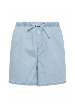 Hellblaue Jeansshorts mit elastischem Bund, Knopfverschluss vorne und einem gebundenen Kordelzug an der Taille.
