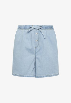 Lichtblauwe denim short met elastische tailleband, knoopsluiting aan de voorkant en een gestrikt trekkoord in de taille.