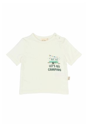 Licht crème t-shirt met korte mouwen van katoen, voorzien van een illustratie van een groene camper en de tekst "Laten we gaan kamperen". Drukknoopsluiting op de schouder.