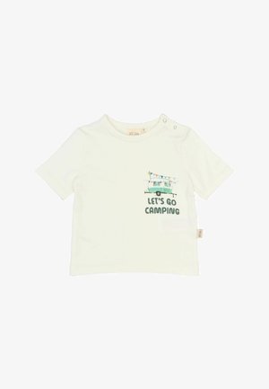 Licht crème t-shirt met korte mouwen van katoen, voorzien van een illustratie van een groene camper en de tekst "Laten we gaan kamperen". Drukknoopsluiting op de schouder.