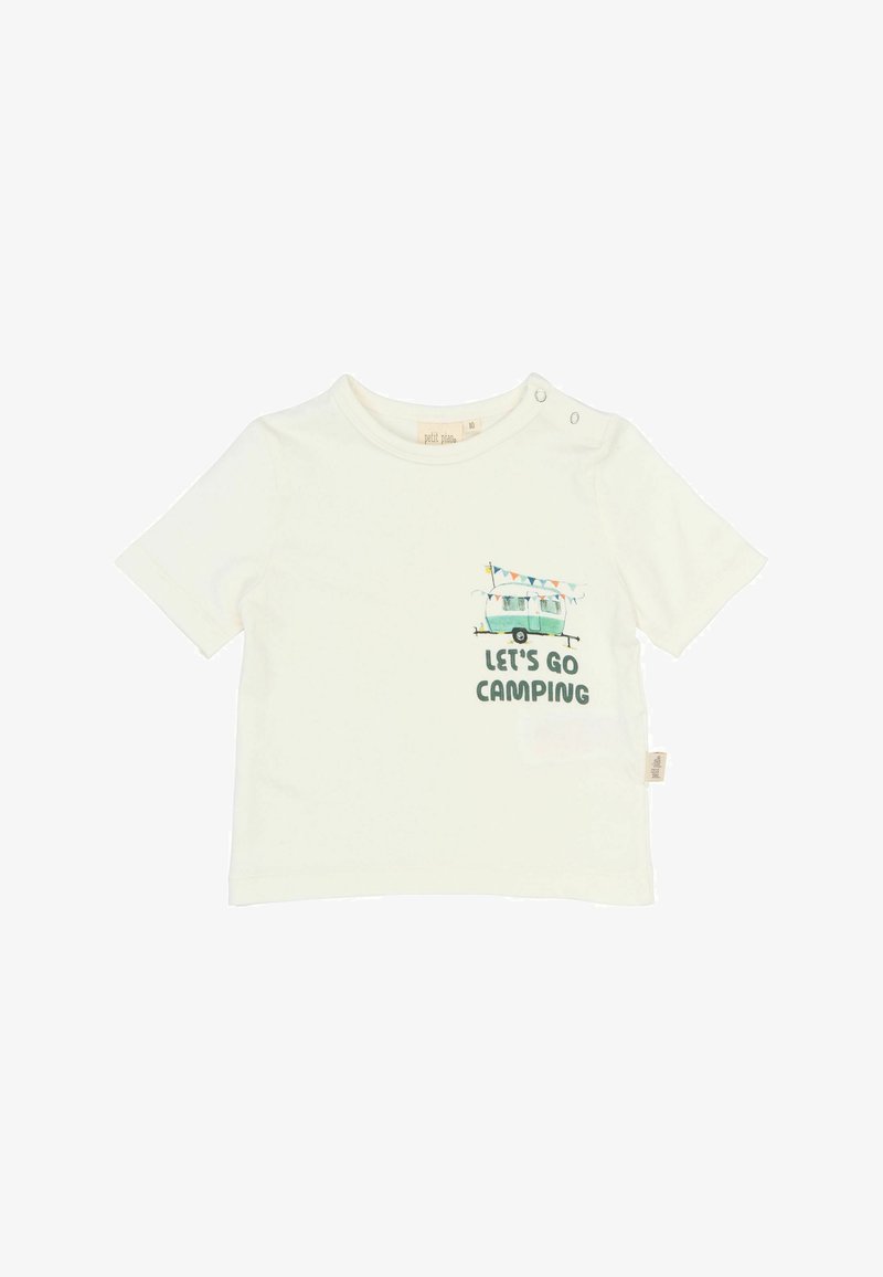 T-shirt léger à manches courtes couleur crème, en coton, avec une illustration de camionnette verte et le texte "ALLONS CAMPER". Fermeture à pression à l'épaule.