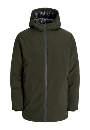 Dunkelgrüne, isolierte Winterjacke mit Kapuze, Frontreißverschluss und seitlichen Reißverschlusstaschen, für kaltes Wetter konzipiert.