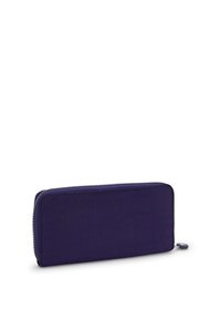 Rectangular navy blue fabric wallet with a zipper closure and pull tab, shown on a white background.