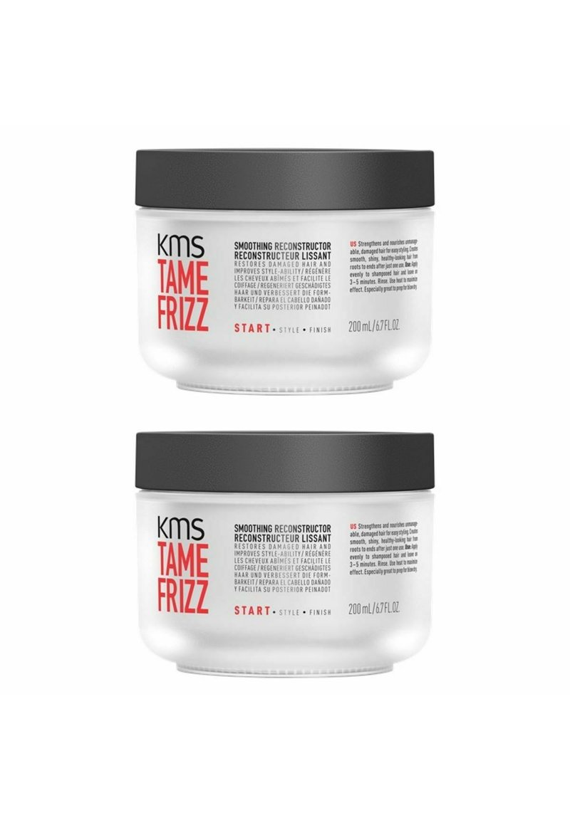 KMS Tame Frizz Glättungsreconstructor in einem klaren Behälter mit schwarzem Deckel. 200 mL Kapazität. Der Text auf dem Etikett beschreibt Anwendung und Vorteile.
