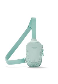 Sac à épaule vert menthe avec motif géométrique, en tissu doux, et fermeture à glissière ; comprend une sangle ajustable pour un port confortable.
