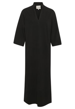 Čierne midi šaty s výstrihom do V a krátkymi, širokými rukávmi. Vyrobené z hladkej látky, majú uvoľnený strih a bočné vrecká.
