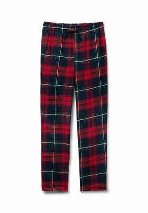 Plaid pajama pants featuring a red, green, and navy pattern, made of soft fabric, with an elastic waistband and drawstring closure.