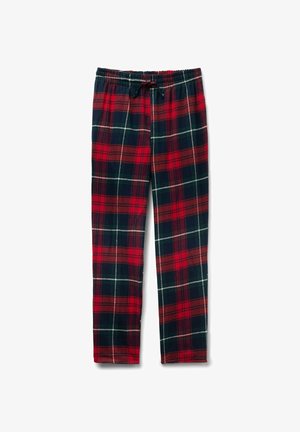 Karierte Schlafanzughose mit Muster in Rot, Grün und Marineblau, aus weichem Stoff, mit elastischem Bund und Kordelverschluss.