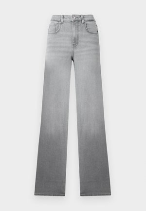 Graue Jeans mit einem verblassten Ombré-Effekt, hohem Bund, klassischem Fünf-Taschen-Stil und geraden, weiten Beinen aus Denim-Stoff.