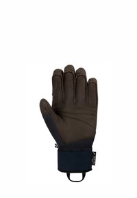 Bruine leren handschoen met vijf vingers, een getextureerde handpalm en een donkerblauwe polsmanchet. Voorzien van versterkte stiksels en een trekkoord.