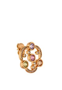 Cercel tip știft din aur cu design circular, cu pietre prețioase mov, roz, verzi și portocalii, și cristale mici transparente de-a lungul arcurilor.