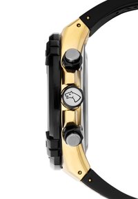 Reloj dorado y negro con una caja rectangular, correa de goma y botones prominentes. Logotipo con un diseño de caballo en el lateral.