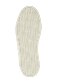 Rubber shoe sole featuring a textured, herringbone pattern in light beige, with a smooth outer edge. Rounded shape enhances grip.