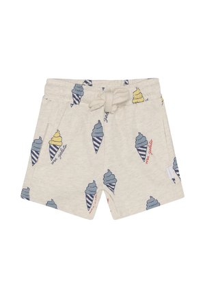 Lichtgrijze katoenen shorts met een patroon van ijsjes in blauw en geel, voorzien van een elastische tailleband en een aantrekkoord.