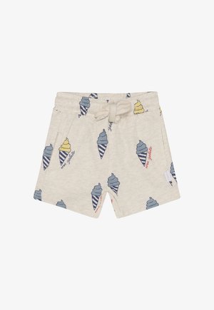 Light gray cotton shorts featuring an ice cream cone pattern in blue and yellow, with an elastic waistband and drawstring tie.